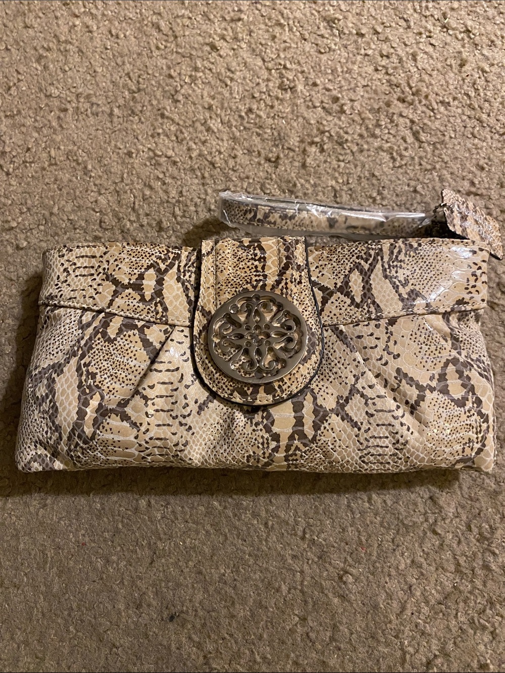 Solina Python Beige Snake-Print Clutch with Gold Medallion